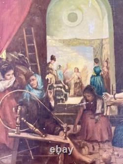 Huile Sur Toile Ancienne D'après Le Tableau De Diego Velasquez Les Fileuses
