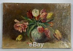 Huile Sur Toile Ancienne De 1944 De L. Hardy Bouquet Fleurs Aux Tulipes