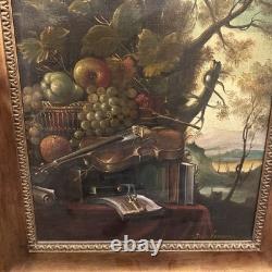 Huile Sur Toile Signée, Nature Morte Ancienne Aux Instruments De Musique
