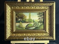 Huile XIXe école Barbizon sous bois pont cadre bois doré ancien