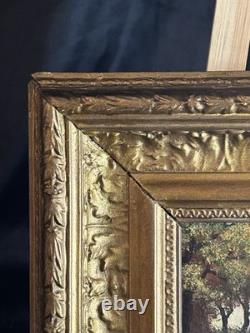 Huile XIXe école Barbizon sous bois pont cadre bois doré ancien