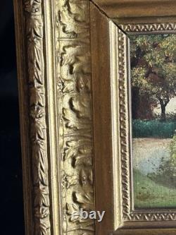 Huile XIXe école Barbizon sous bois pont cadre bois doré ancien