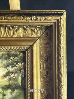 Huile XIXe école Barbizon sous bois pont cadre bois doré ancien