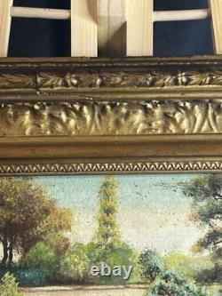 Huile XIXe école Barbizon sous bois pont cadre bois doré ancien