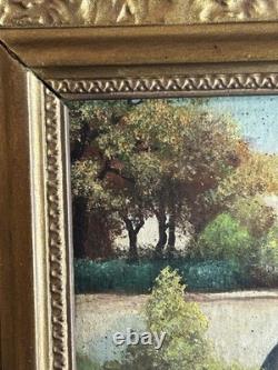 Huile XIXe école Barbizon sous bois pont cadre bois doré ancien