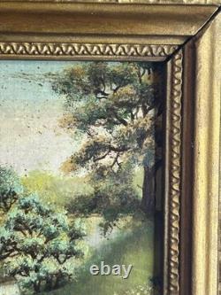 Huile XIXe école Barbizon sous bois pont cadre bois doré ancien
