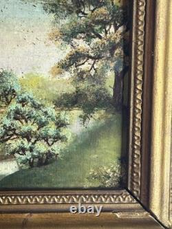 Huile XIXe école Barbizon sous bois pont cadre bois doré ancien