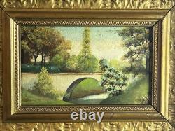 Huile XIXe école Barbizon sous bois pont cadre bois doré ancien