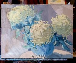 Huile ancienne nature morte aux chrysanthèmes H. Bodin Avon, vers 1920