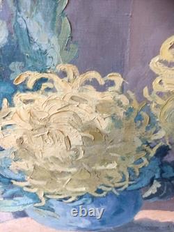 Huile ancienne nature morte aux chrysanthèmes H. Bodin Avon, vers 1920