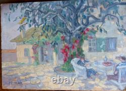 Huile ancienne paysage animé jardin signé H Bodin-Avon Bénézit