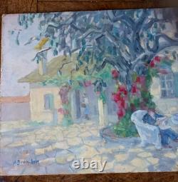 Huile ancienne paysage animé jardin signé H Bodin-Avon Bénézit