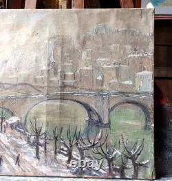 Huile ancienne paysage neige-vue de Lyon H. Bodin Avon début XX°