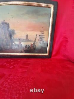 Huile ancienne sur panneau d'après CLAUDE JOSEPH VERNET paysage marin port 19é
