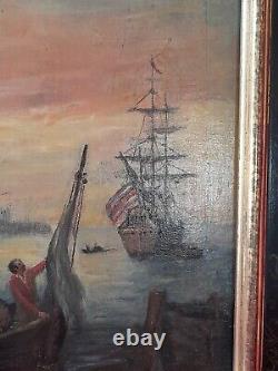 Huile ancienne sur panneau d'après CLAUDE JOSEPH VERNET paysage marin port 19é