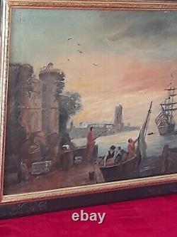 Huile ancienne sur panneau d'après CLAUDE JOSEPH VERNET paysage marin port 19é