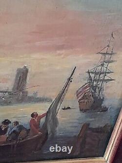 Huile ancienne sur panneau d'après CLAUDE JOSEPH VERNET paysage marin port 19é