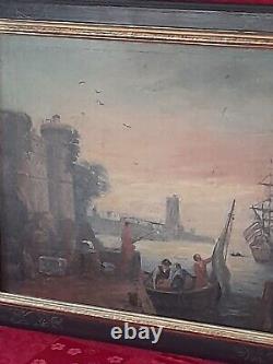 Huile ancienne sur panneau d'après CLAUDE JOSEPH VERNET paysage marin port 19é