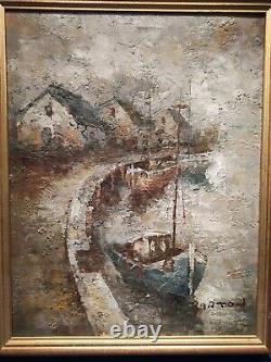 Huile sur Toile BARTON Bateau A Quai Tableau 37x46cm Peinture. Ancien