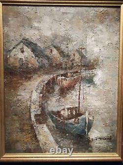 Huile sur Toile BARTON Bateau A Quai Tableau 37x46cm Peinture. Ancien