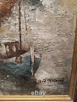 Huile sur Toile BARTON Bateau A Quai Tableau 37x46cm Peinture. Ancien