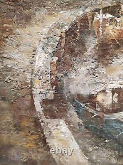 Huile sur Toile BARTON Bateau A Quai Tableau 37x46cm Peinture. Ancien