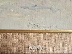 Huile sur carton paysage marin tableau ancien marine signé encadré bateau port
