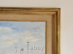 Huile sur carton paysage marin tableau ancien marine signé encadré bateau port