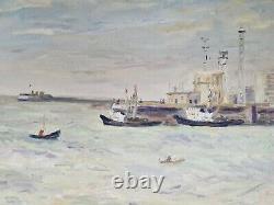 Huile sur carton paysage marin tableau ancien marine signé encadré bateau port