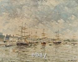 Huile sur panneau 3F paysage marin voiliers a l'eau tableau ancien marine signé