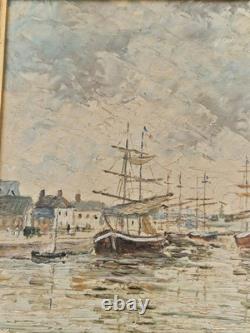 Huile sur panneau 3F paysage marin voiliers a l'eau tableau ancien marine signé