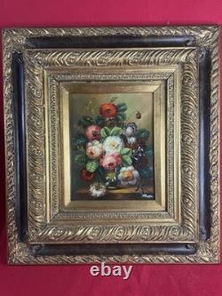 Huile sur panneau Bouquet de Fleurs signée Kloppe cadre ancien 53x47 cm
