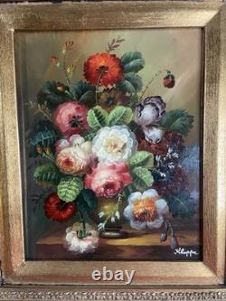 Huile sur panneau Bouquet de Fleurs signée Kloppe cadre ancien 53x47 cm