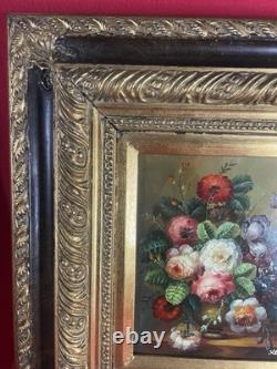 Huile sur panneau Bouquet de Fleurs signée Kloppe cadre ancien 53x47 cm