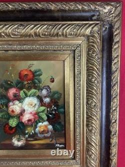 Huile sur panneau Bouquet de Fleurs signée Kloppe cadre ancien 53x47 cm