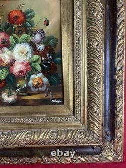 Huile sur panneau Bouquet de Fleurs signée Kloppe cadre ancien 53x47 cm