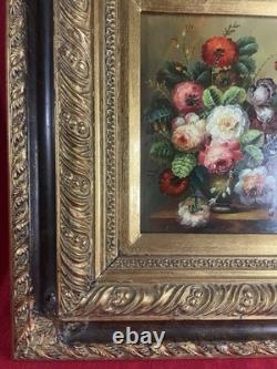 Huile sur panneau Bouquet de Fleurs signée Kloppe cadre ancien 53x47 cm