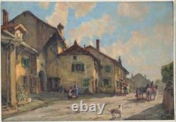 Huile sur panneau Primitif BONO signé Soir à Bernex Suisse ancien tableau