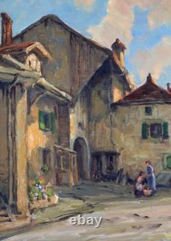 Huile sur panneau Primitif BONO signé Soir à Bernex Suisse ancien tableau