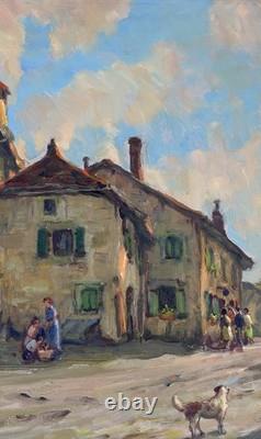 Huile sur panneau Primitif BONO signé Soir à Bernex Suisse ancien tableau