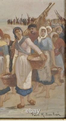 Huile sur panneau d'après Feyen-Perrin, Retour de pêche, cadre doré ancien