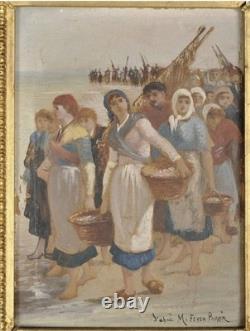 Huile sur panneau d'après Feyen-Perrin, Retour de pêche, cadre doré ancien