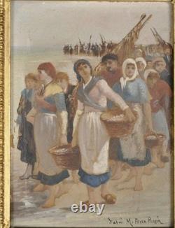 Huile sur panneau d'après Feyen-Perrin, Retour de pêche, cadre doré ancien