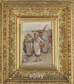 Huile sur panneau d'après Feyen-Perrin, Retour de pêche, cadre doré ancien