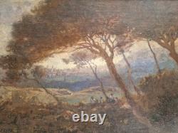 Huile sur toile 1906 paysage animé tableau ancien signé HST XIX tableau ancien
