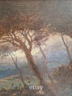 Huile sur toile 1906 paysage animé tableau ancien signé HST XIX tableau ancien