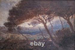 Huile sur toile 1906 paysage animé tableau ancien signé HST XIX tableau ancien