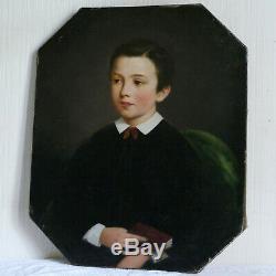 Huile sur toile, Jules Gardot (1840-1900) Jeune Garçon au livre portrait ancien