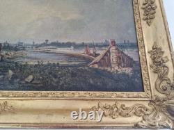 Huile sur toile XIX paysage marin tableau ancien cadre doré antique frame