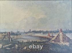 Huile sur toile XIX paysage marin tableau ancien cadre doré antique frame